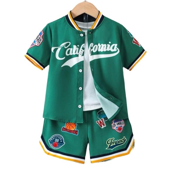 Boys‎ 4T Green Stripe Trim Baseball Shirt & Shorts Set - Picture 1 of 10